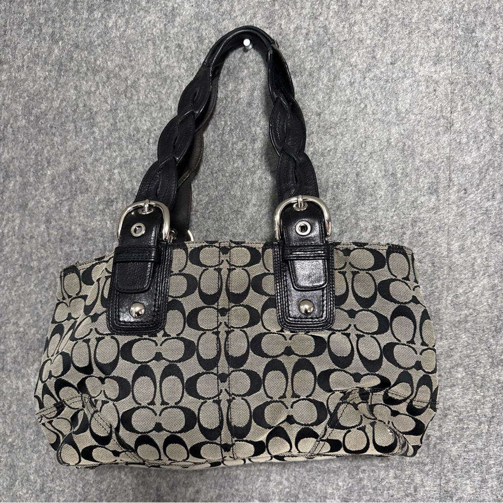 Y2K COACH Sig Jacq Tote Shoulder Bag Black & Gray C Logo Braided Leather Handles